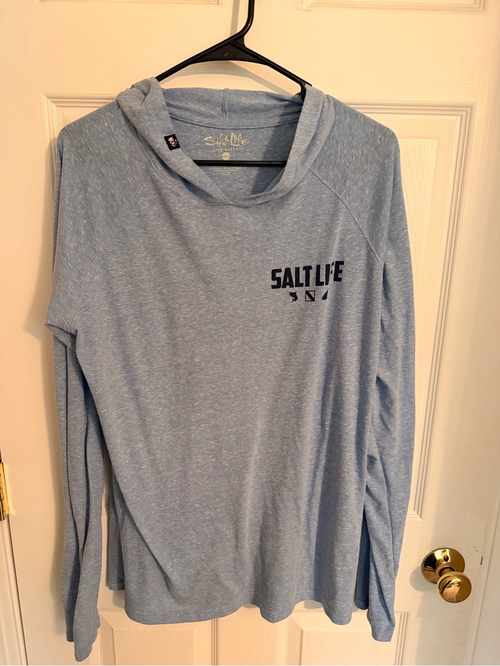 Salt Life Kids Long Sleeve Hooded Tee in Heather Light Blue with Navy Logo